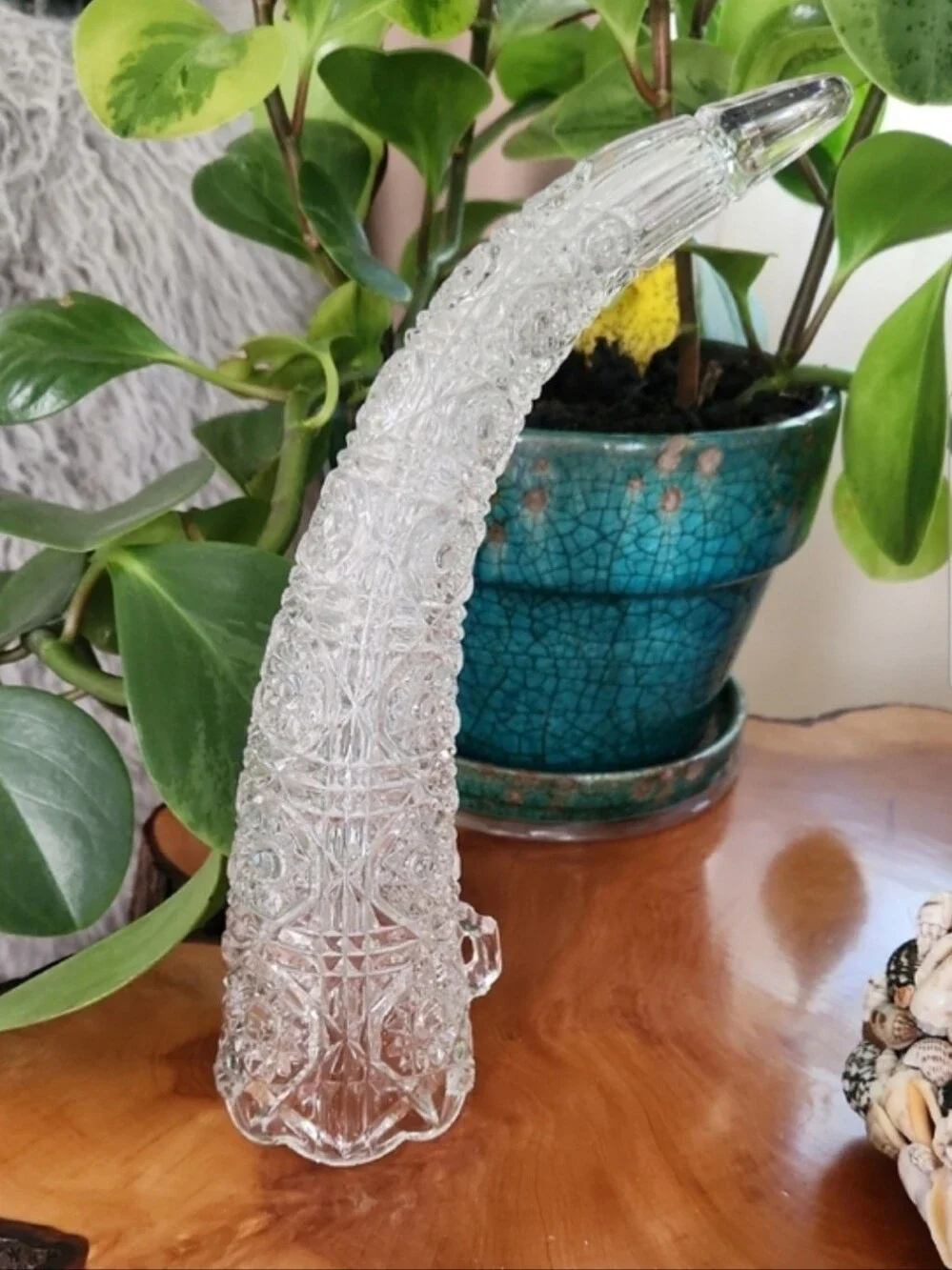 EAPG Glass Hanging Cornucopia Horn Vase Epergne Hobstar Daisy